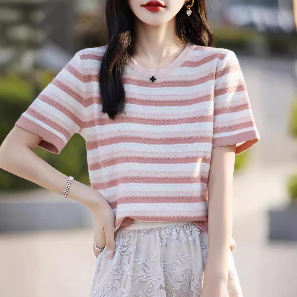 Pure Cotton Rainbow Striped Round Neck Short-sleeved T-shirt for Women In Summer Korean Style Relaxed Fit Design Leisure Knitted Sweater Top