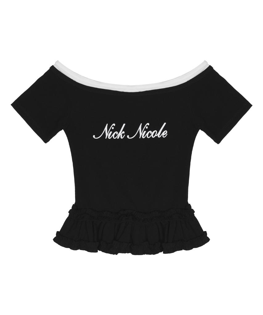 Nigaennikol Off-Shoulder Frill Crop Top_Black
