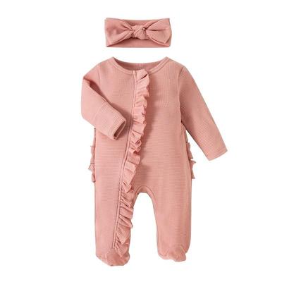 Infant Girl Footies Mamelucos 3M 6M 12M Color sólido Volantes Cuello redondo Manga larga Monos para bebés Ropa para recién nacidos Monos con diadema