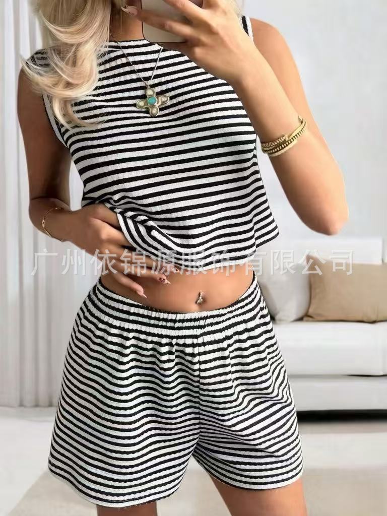 Women Striped Sleeveless Crop Top and Shorts Set Casual Knitted Two Piece Outfit