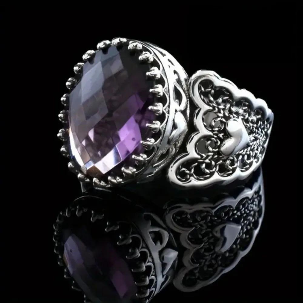 Luxus Glitzer Oval Lila Imitation Edelsteine Antik Silber Herz Ausgeschnitten Breite Ringfläche Ringe für Damen Bankett Schmuck