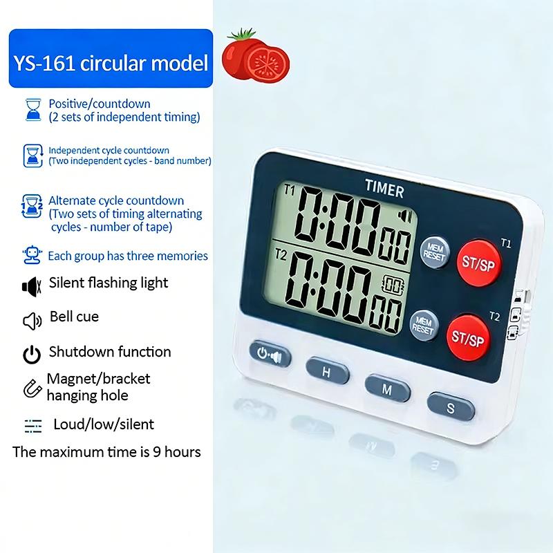 Digital Kitchen Timer Dual Groups Cycle Timing Count UP/Down Timer 3 Storage Memories Mute Flashing 3 Levels Volume Alarm Clock