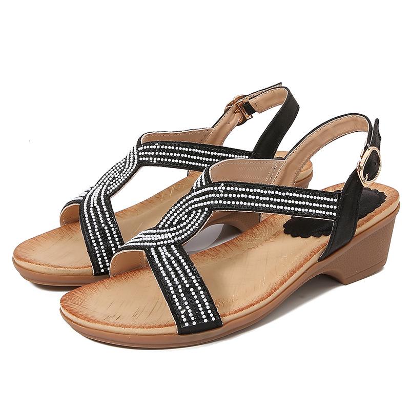 

2025Женская обувь Бохо новая мода босоножки со стразами Корейская версия платформы танкетка женская обувь 36 чёрный