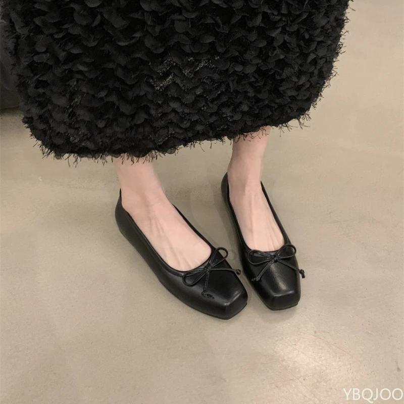French Bow Ladies Shoes 2025 New Shallow Mouth Shoe Fashion Elegant Flats Women's Square Toe Comfortable Shoes Zapatos Mujer