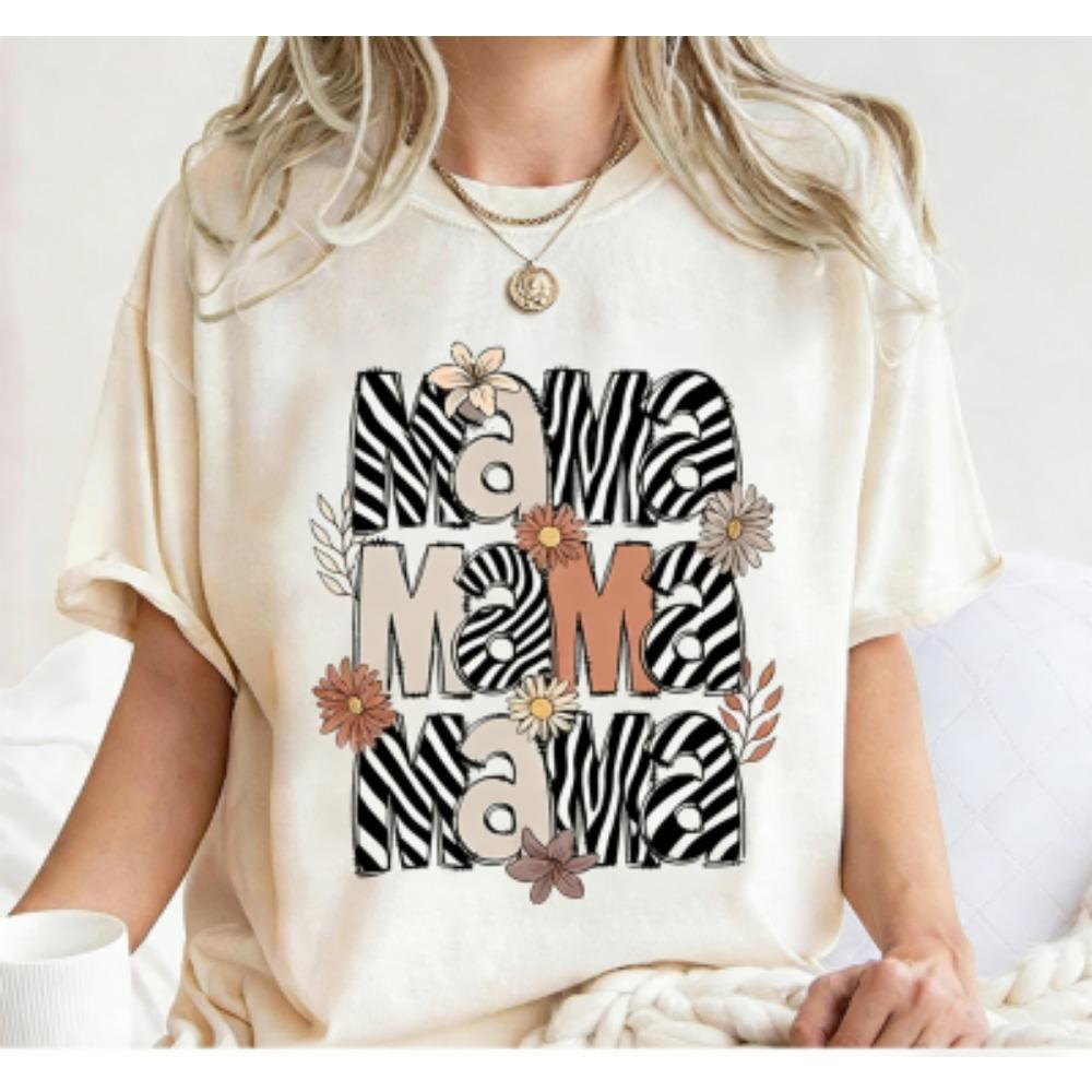 Funny Stripe Leopard Mama Print Women's Short Sleeves T-Shirt Loose Casual Summer Outdoor Street Women's Tees Tops