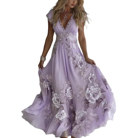 Summer Floral Maxi Dress for Women Short Sleeve V Neck A-line Swing Dress Floral Printed Beach Vacation S