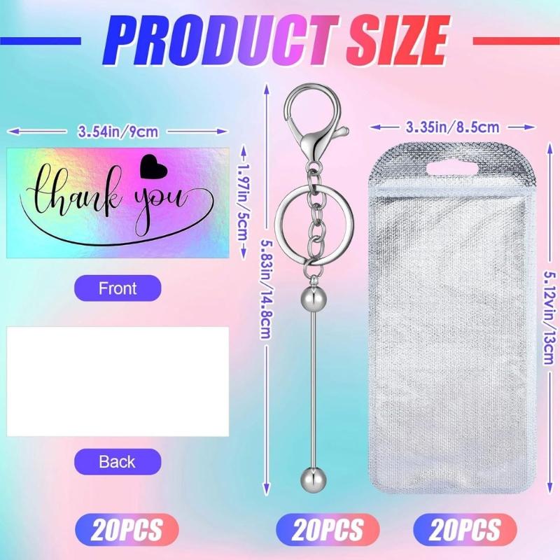 60Pcs Beadable Keychain Resealable Storage Bag and Appreciation Cards Set for Pendants Keychain Jewelry Making