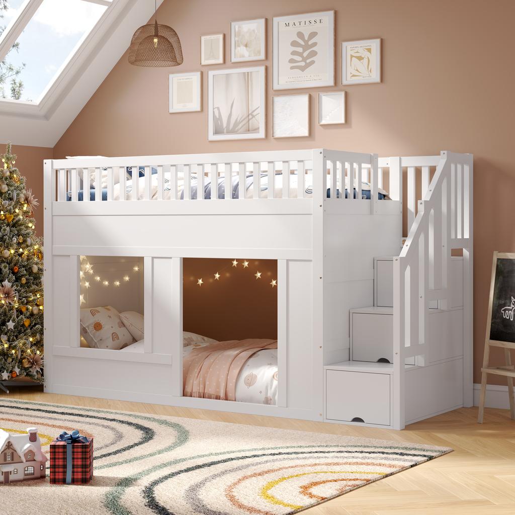 Kinderbett, Etagenbett (90 x 200 cm), Hochbett, Multifunktionsbett mit Treppenschrank, Umbaubare Spielfläche darunter, ohne Matratze, Weiß