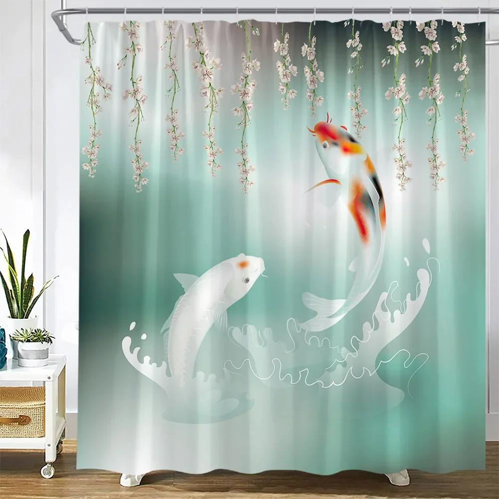 Flower Carp Shower Curtains Bird Red Floral Koi Fish Ink Plants Mountain Water Landscape Fabric Bathroom Decor Bath Curtain Sets