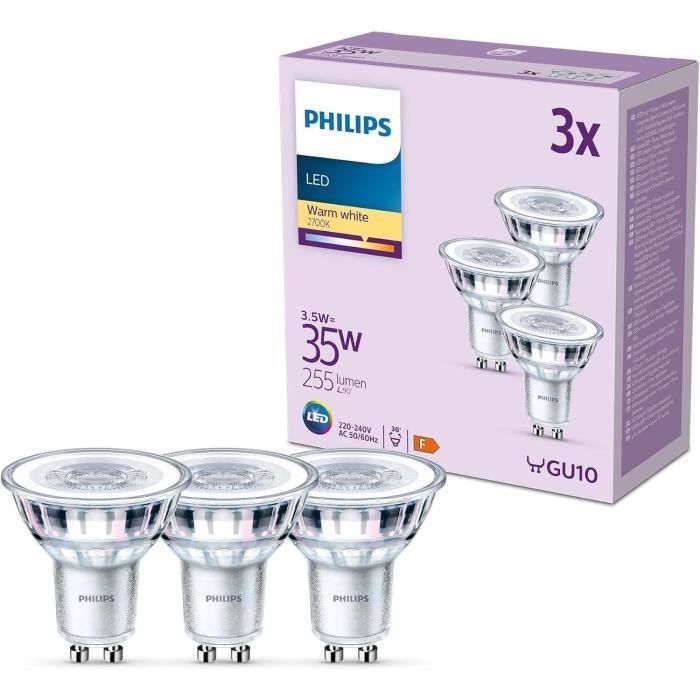Pack de 3 ampoules LED - PHILIPS - GU10 - 35W - Blanc chaud - Non dimmable