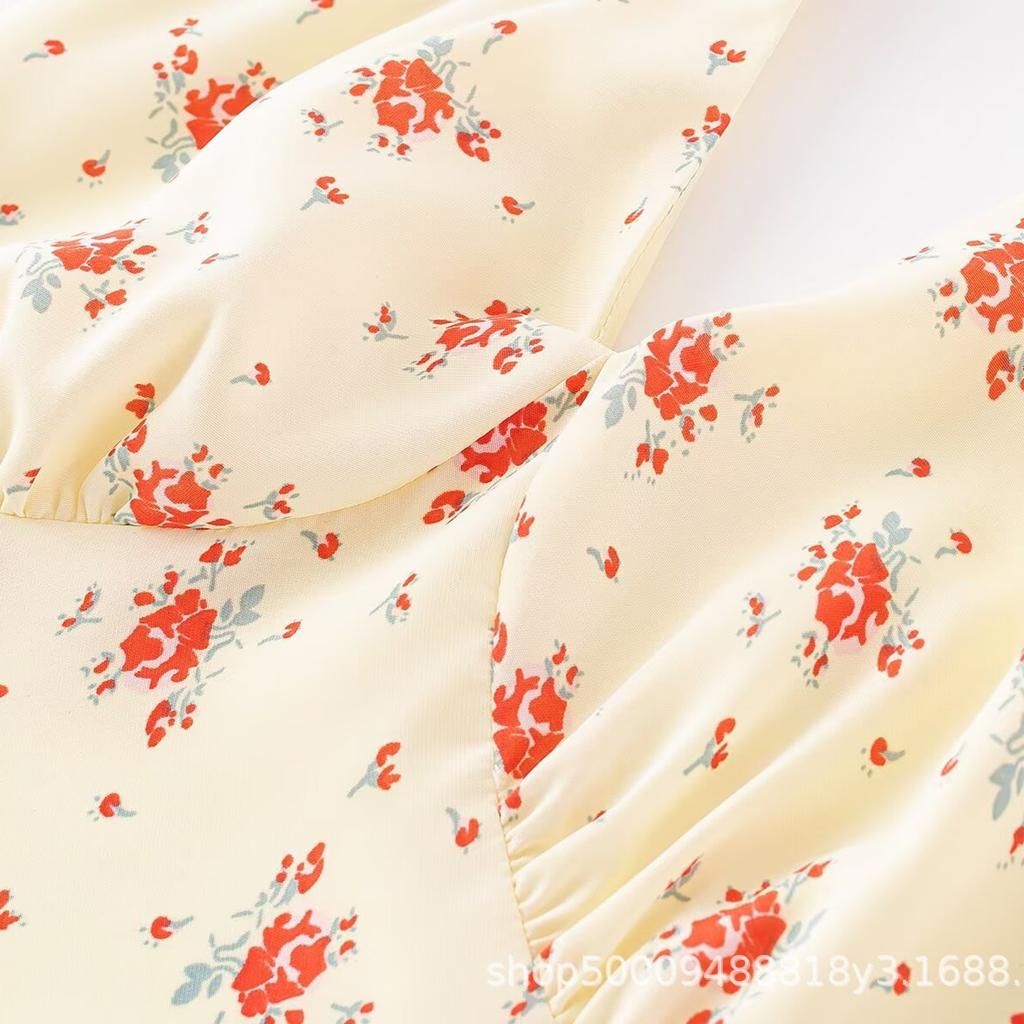 Retro Temperament V-neck Floral Neck Dress, Slim Women's Summer Hong Kong Style High-end Waist Long Dress