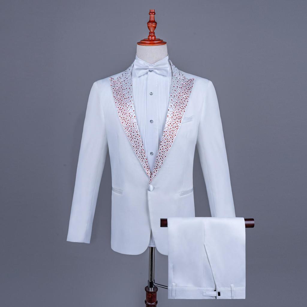 Men's Single-Breasted Rhinestone Suit Set for Banquet and Performance