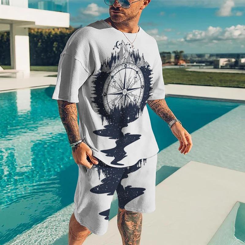 Summer Men 3D Printed Compass Casual Luxury T-Shirt Shorts Set Tracksuit Male 2 Pieces Fashion Outfit Man Clothing Jogging Suit