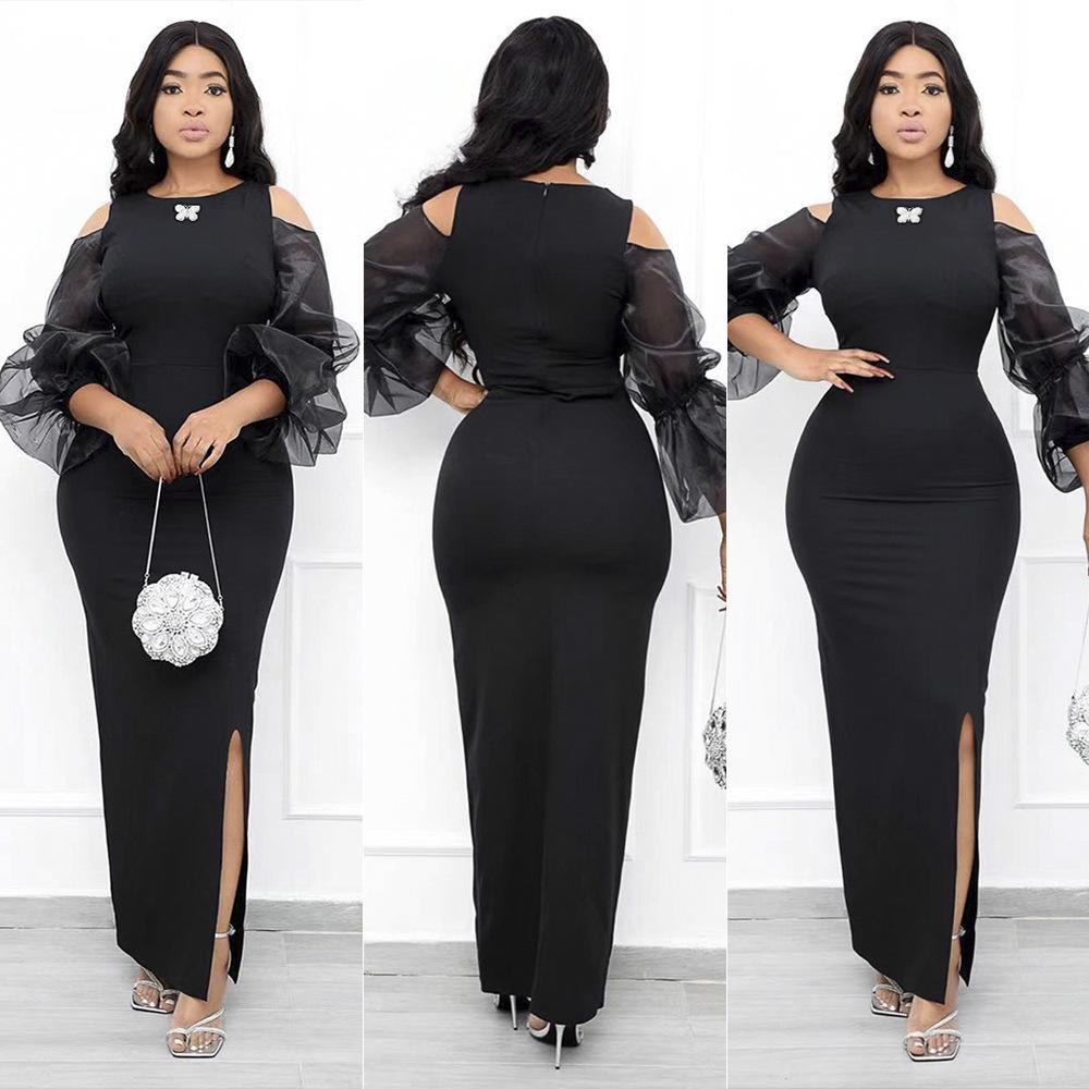 2023 Europäisches & Amerikanisches Schwarzes Mesh Glockenärmel Slim Fit Übergröße Kleid für Afrikanische & Muslimische Frauen