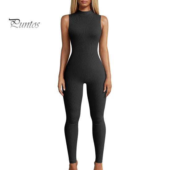 Women Sport Jumpsuit Solid Color Sleeveless Skinny Half-high Collar Elastic Soft Breathable Sweat Absorption Seamless Lady Daily Jumpsuit