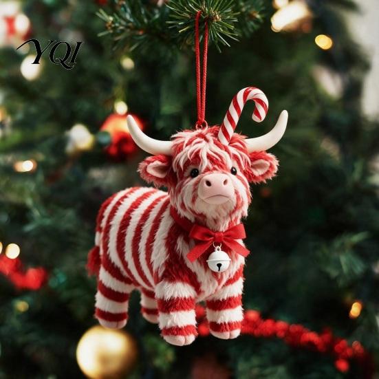 Cute Animal Pendant for Holiday Party Highland Yak Ornament Christmas Tree Hanging Decor, 2D Flat Acrylic Ornaments with Gold String Festive