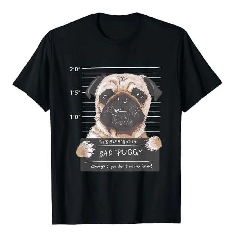 

Bad Puggy Mugshot Funny Dog Graphic T-Shirt Cotton Short Sleeve Crew Neck Tee XXXXXL чорний