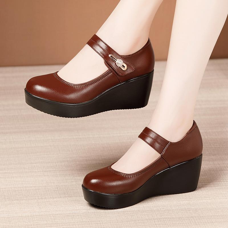 Spring Leather Shoes Women Platform Wedges Shoe High Heels Round Toe Comfortable Black Women Pumps Large Size Sde