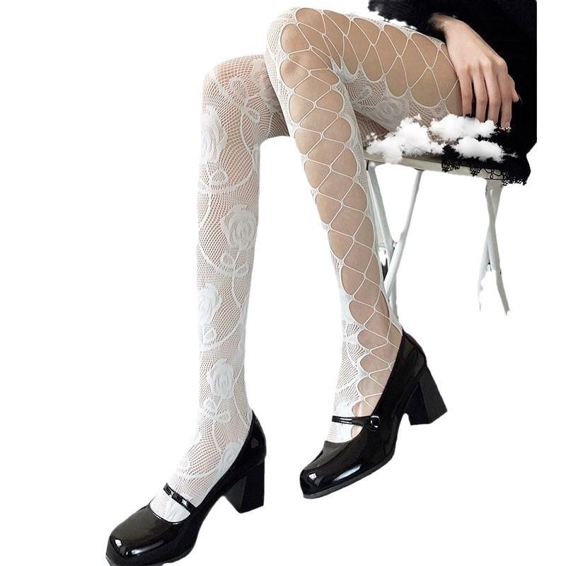 Floral Fishnet Rose-Patterned Tights with Side-Slit and Jacquard Mesh Design