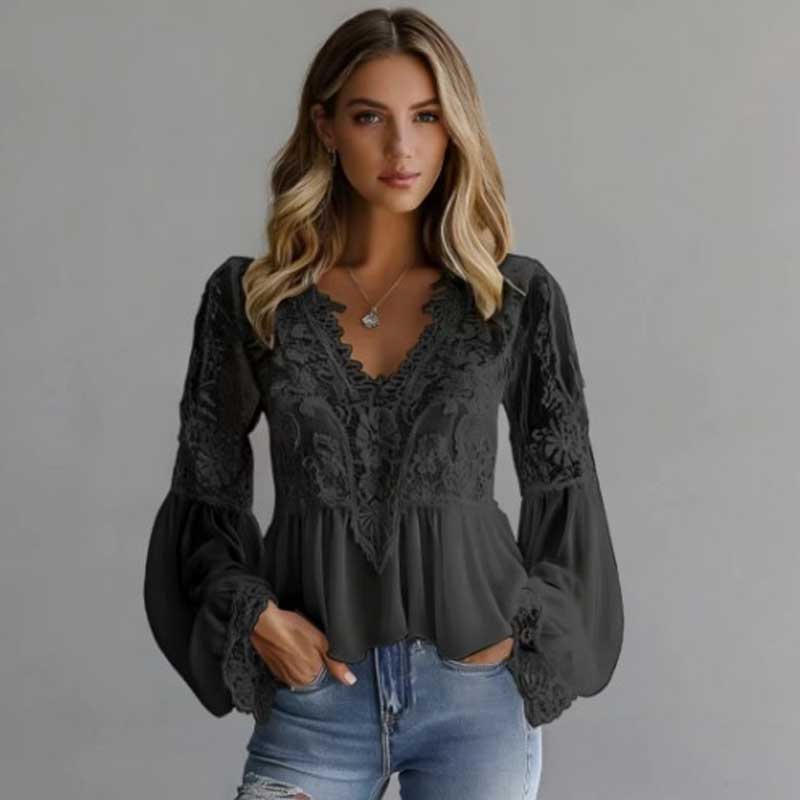 Elegant Lace Splice Hollow Out Fashion Blouse Women V Neck White Shirt Long Sleeve Sweet Casual Loose Tops Ladies Ruffled Pleated Simple Clothing