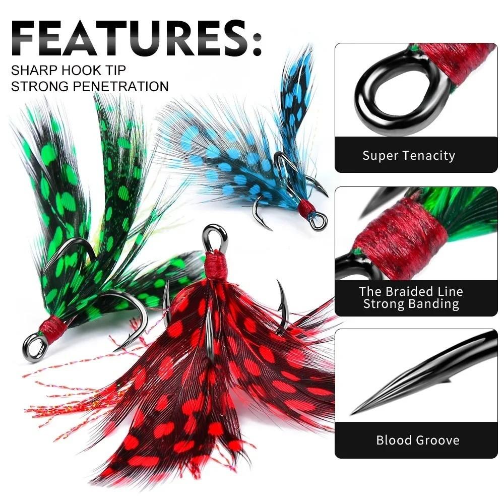 Größe 6#-10# Scharfe Drillinge mit Widerhaken Kohlenstoffstahlmaterial Feder-Jig Angelhaken Stärkedesign Federdekoration