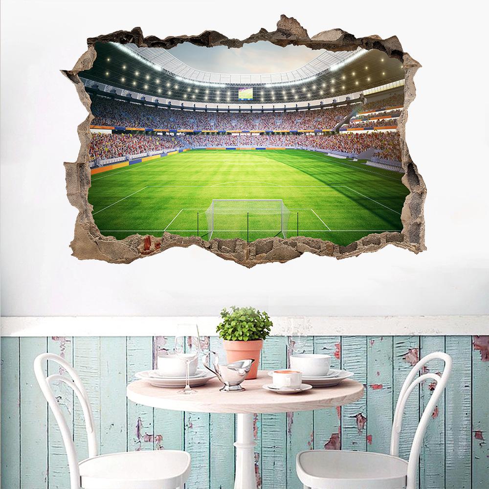 Self Adhesive 3D Stereo Broken Wall Football Field Wall Pasted Living Room Bedroom Football Club Sticker Decorative Painting
