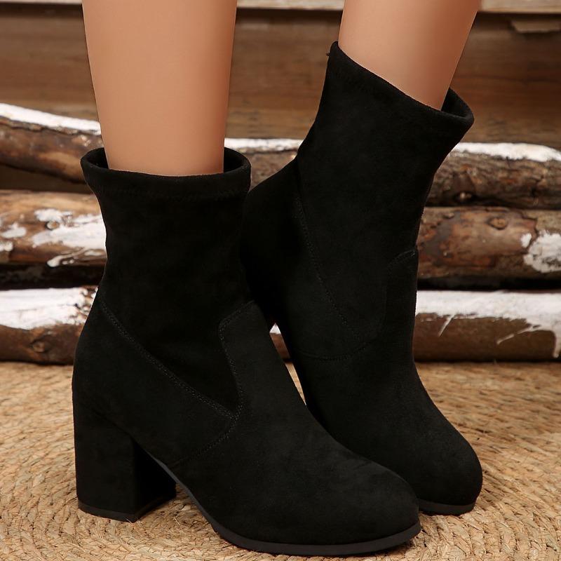 Slim Suede High-heeled Fashion Boots 2025 Winter New Plus-size Thick Heel Stretch Skinny Boots for Women