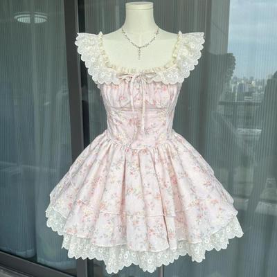 Summer First Love Sweet Wind Small Flying Sleeves Lace Splicing Dress Waist Princess Puffy Short Skirt Floral Waist