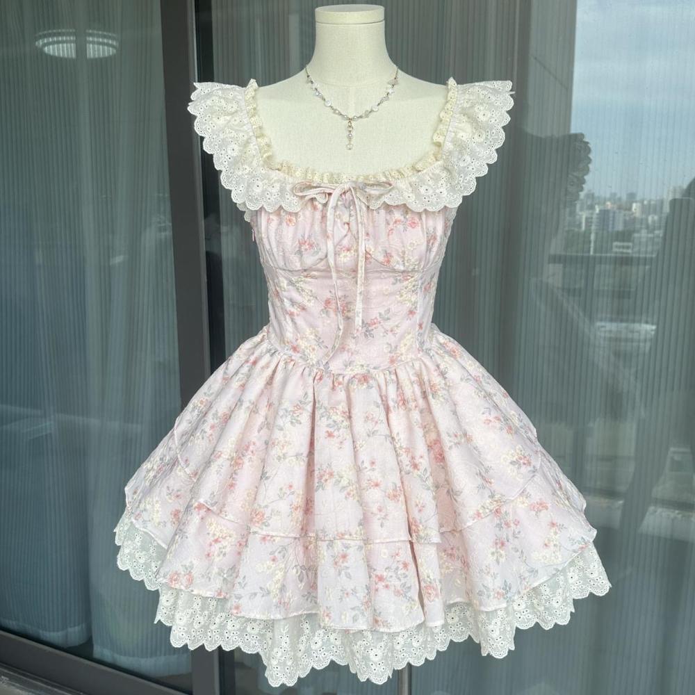 Spot Sakura Weaving Flower Plume Sweet Cool Xiaofei Sleeve Floral Dress Women's Design Sense Niche Waist Princess Fluffy Short Skirt