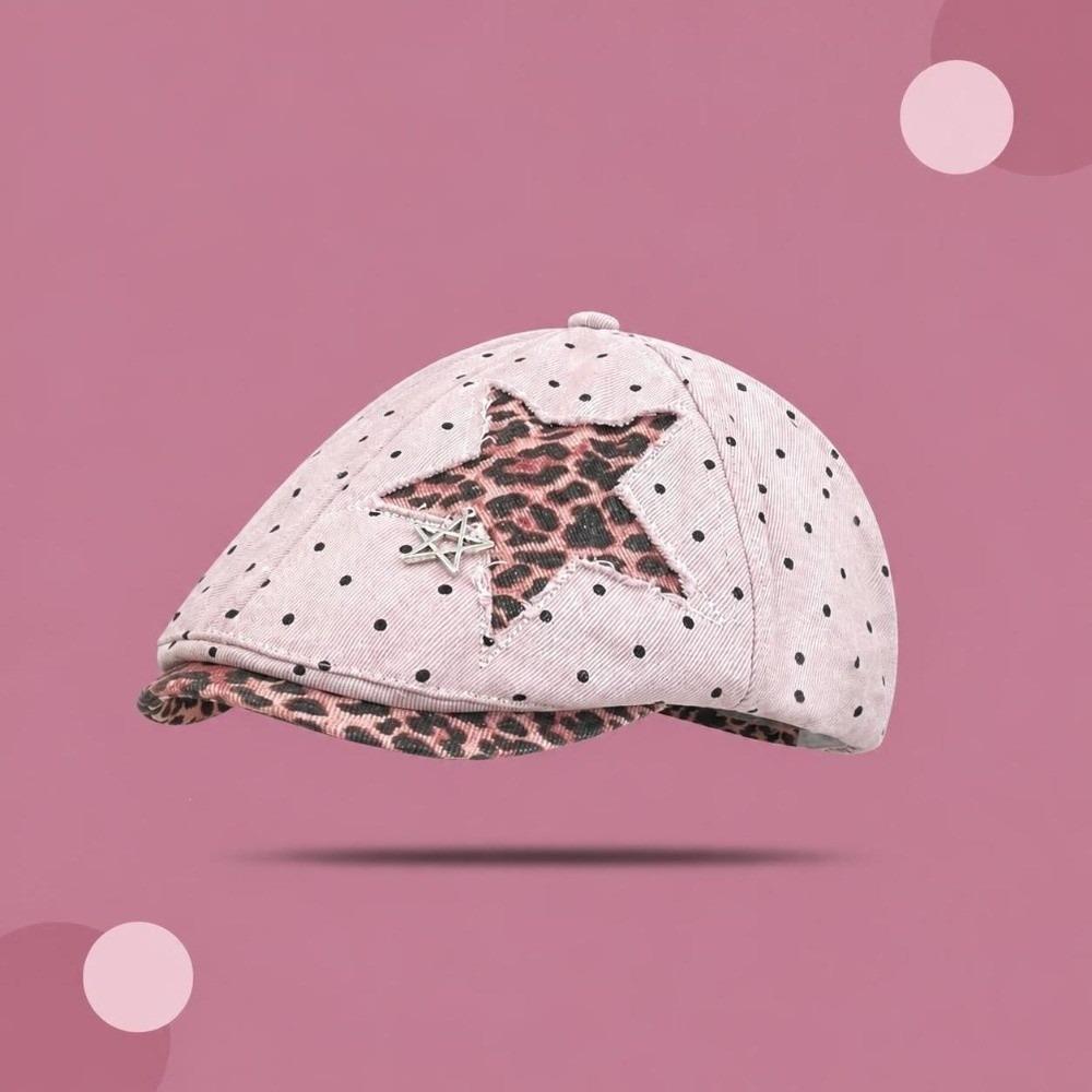 Leopard Denim Beret Hat Star Rivet Forward Hat Vintage Newsboy Cap Harajuku Style