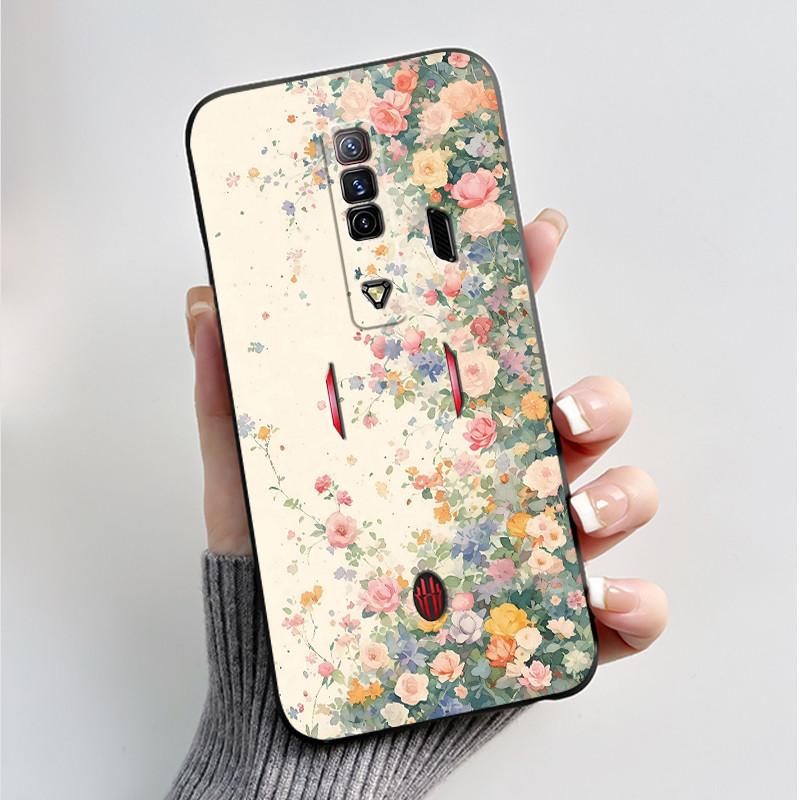 Pattern Case For ZTE Nubia RedMagic 7 5G Funda For Nubia RedMagic 7S 5G Soft Silicone Black Shell Cute Flower Cartoon Capa Cover