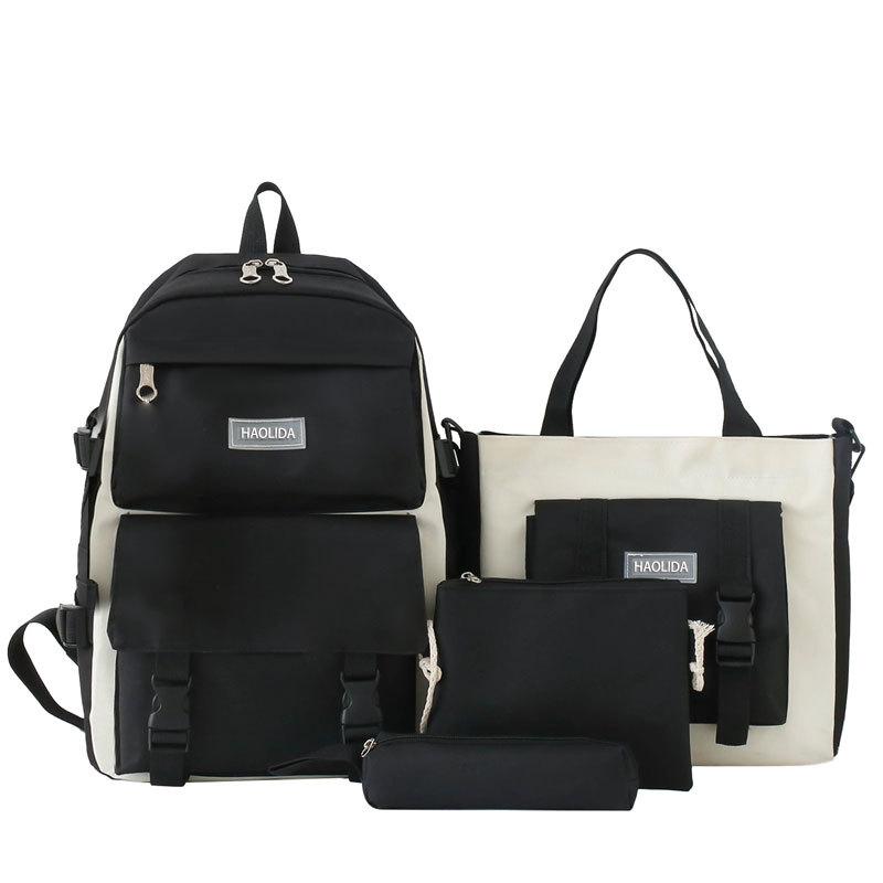 5 Pcs Sets Canvas Schoolbags Girls Women Backpackd Contrast Color Women Laptop Backpack Student Kids Rucksack Backpack