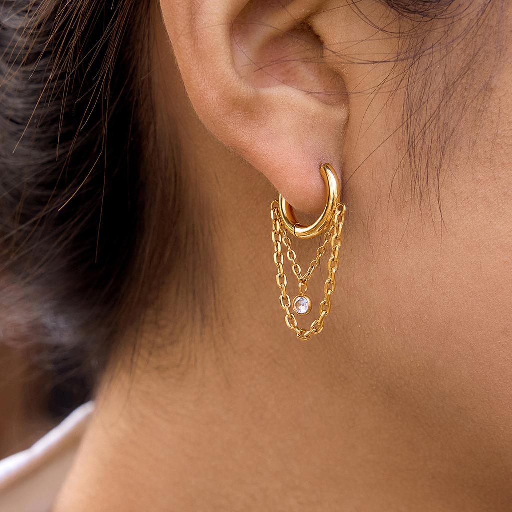 Gold Color Hoop Earrings with Chain Tassel Pendant Zircon Dangle Earrings for Women Stainless Steel Trendy Fashion Jewelry Gift