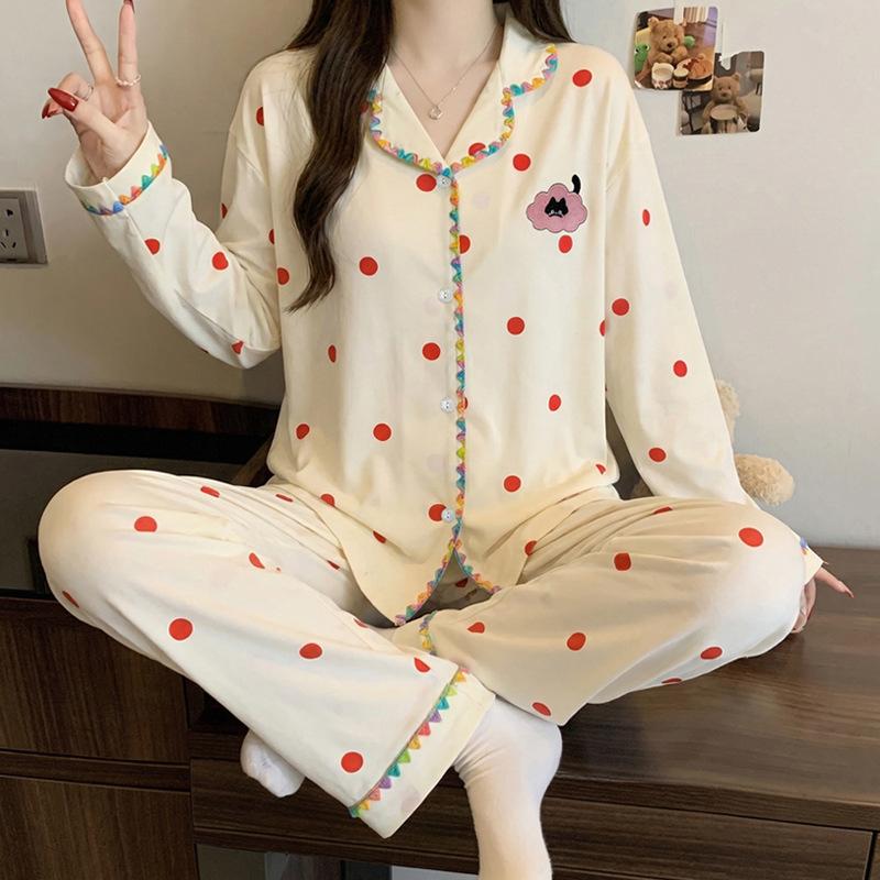 Roter gepunkteter Pyjama Damen High-End Frühling und Herbst Cartoon Muschel bestickter Rand Langarm Loungewear Set