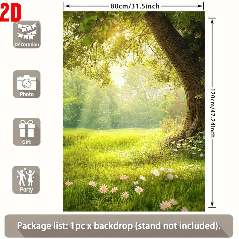 2D Flat Party Backdrop Banner - Spring Forest with Lush Green Grass & Blooming Flowers