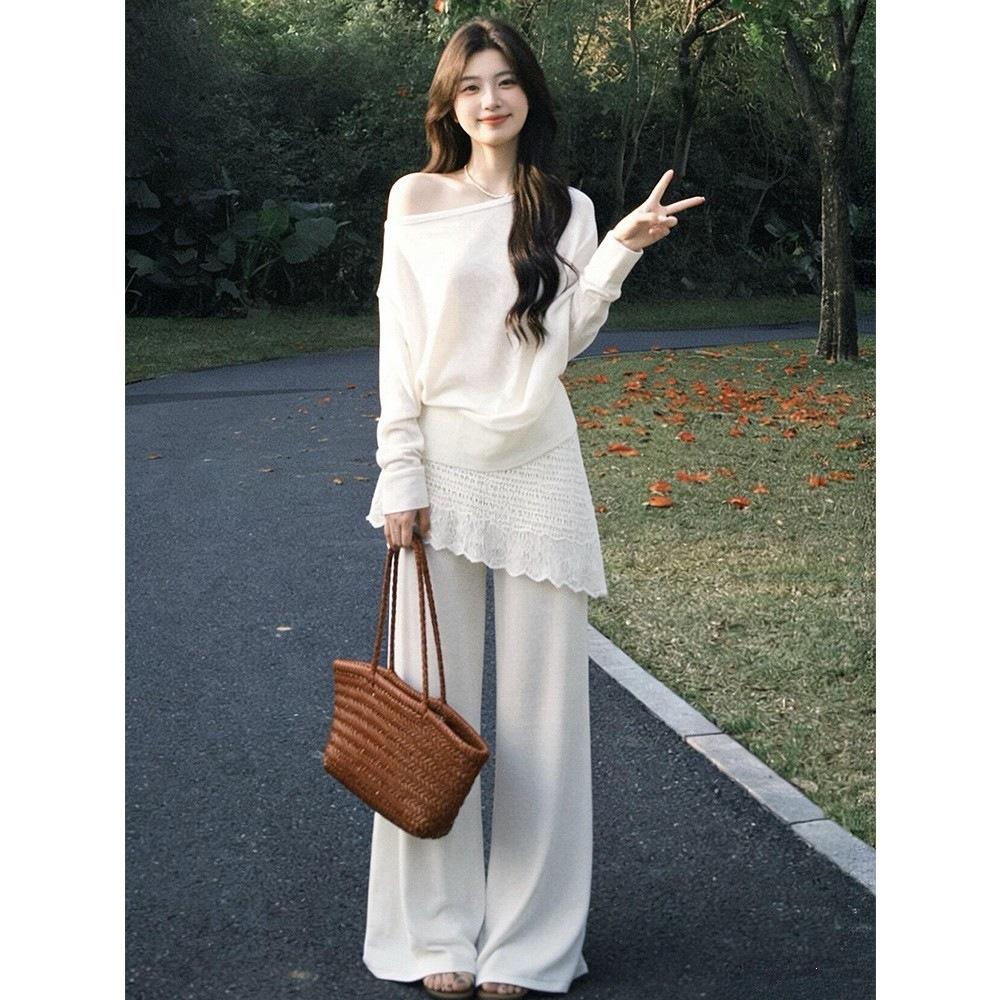 Summer New Off-shoulder Long-sleeved Thin Top Women's Slim Fake Two-piece Wide-leg Pants Fashion Suit