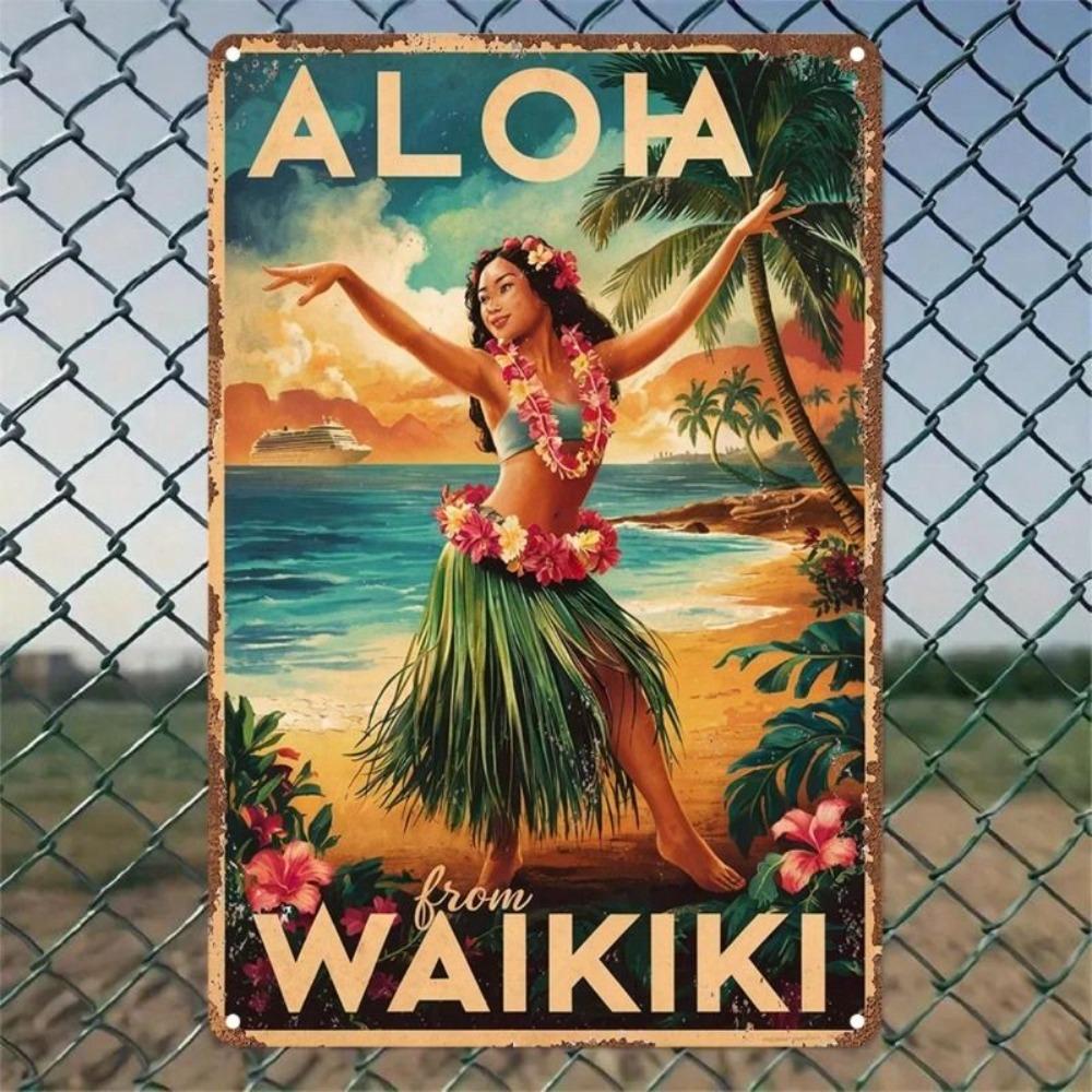 Vintage Metal Tin Sign Aloha Waikiki Wall Decor Garage Bar