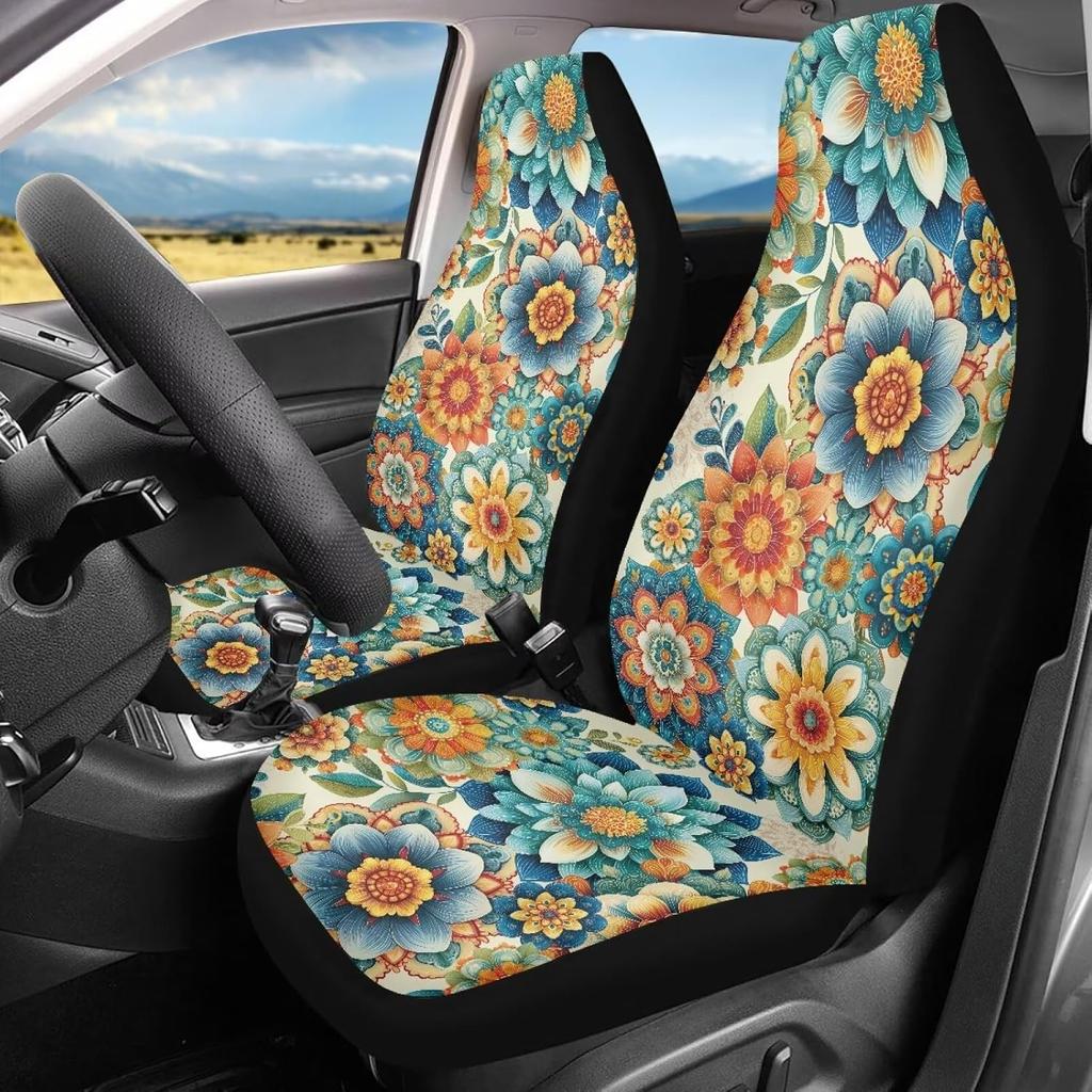 Bulopur Black Boho Floral Car Seat Covers Front Seats Only for Women Men Seat Covers w/Organizer Pocket for Cars SUV Truck Sedan