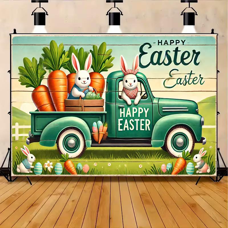 2D Happy Easter Cartoon Rabbit Farm Truck Backdrop Green Grass Kids Easter Party Decor Background Cloth
