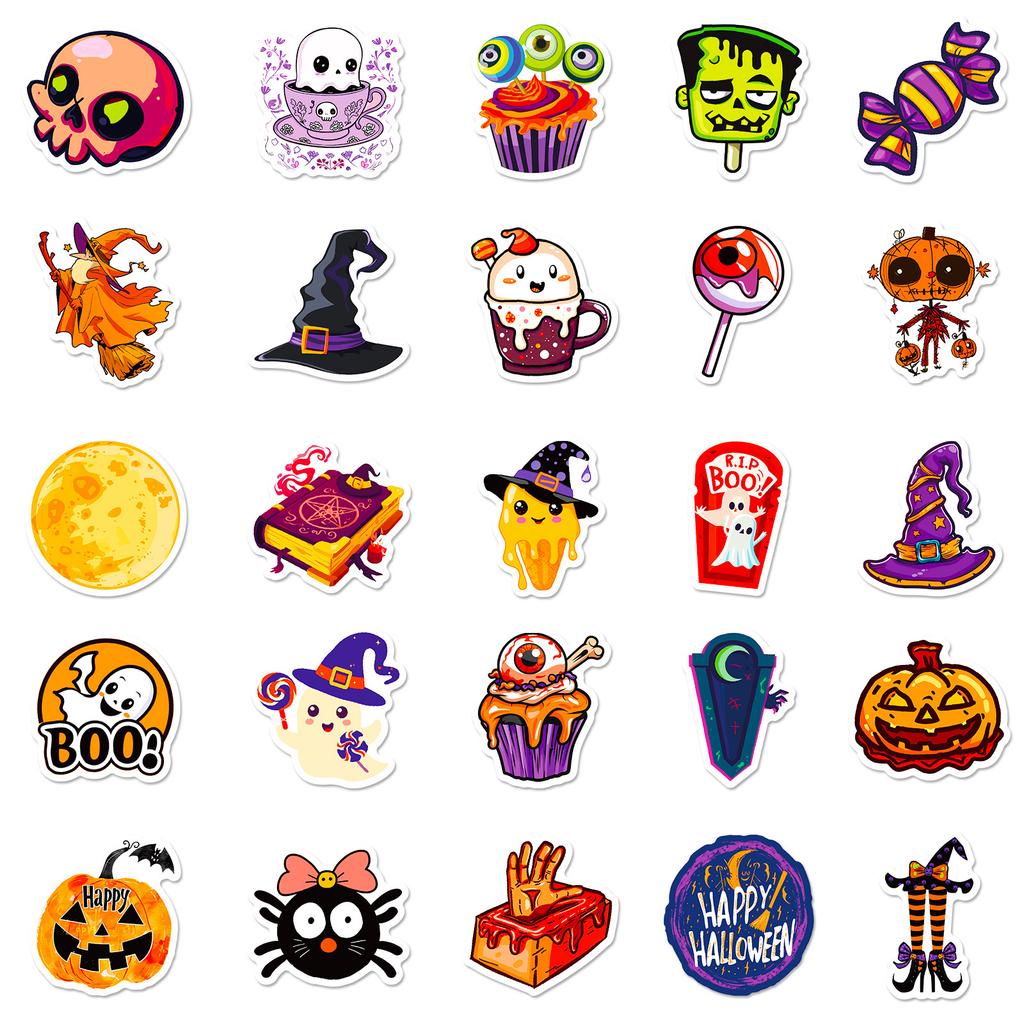 50pcs Halloween Stickers, Graffiti Cartoon Horror Decals, Decorative Waterproof Stickers for Water Cups and Trolley Cases Gifts