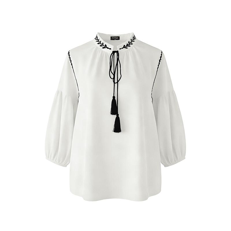 VONDA Summer Women V-Neck 3/4 Sleeve Embroidery Hem Casual Blouse
