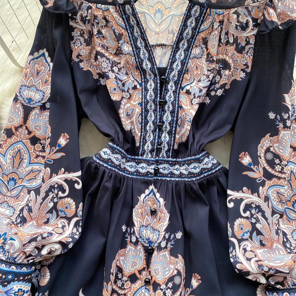 Frühling Herbst Kleider Frauen V-ausschnitt Laterne Lange Ärmel Floral Einreiher Hohe Taille Vintage Wunderschöne Party Mini Kleid Robe