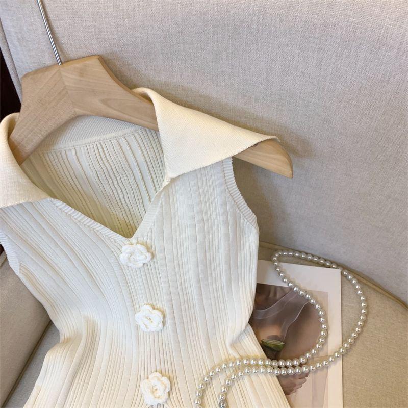 Sweet Pink 3D Floral Knitted Vest Women's Summer French Slim Fit Elegant Polo Collar Short Top