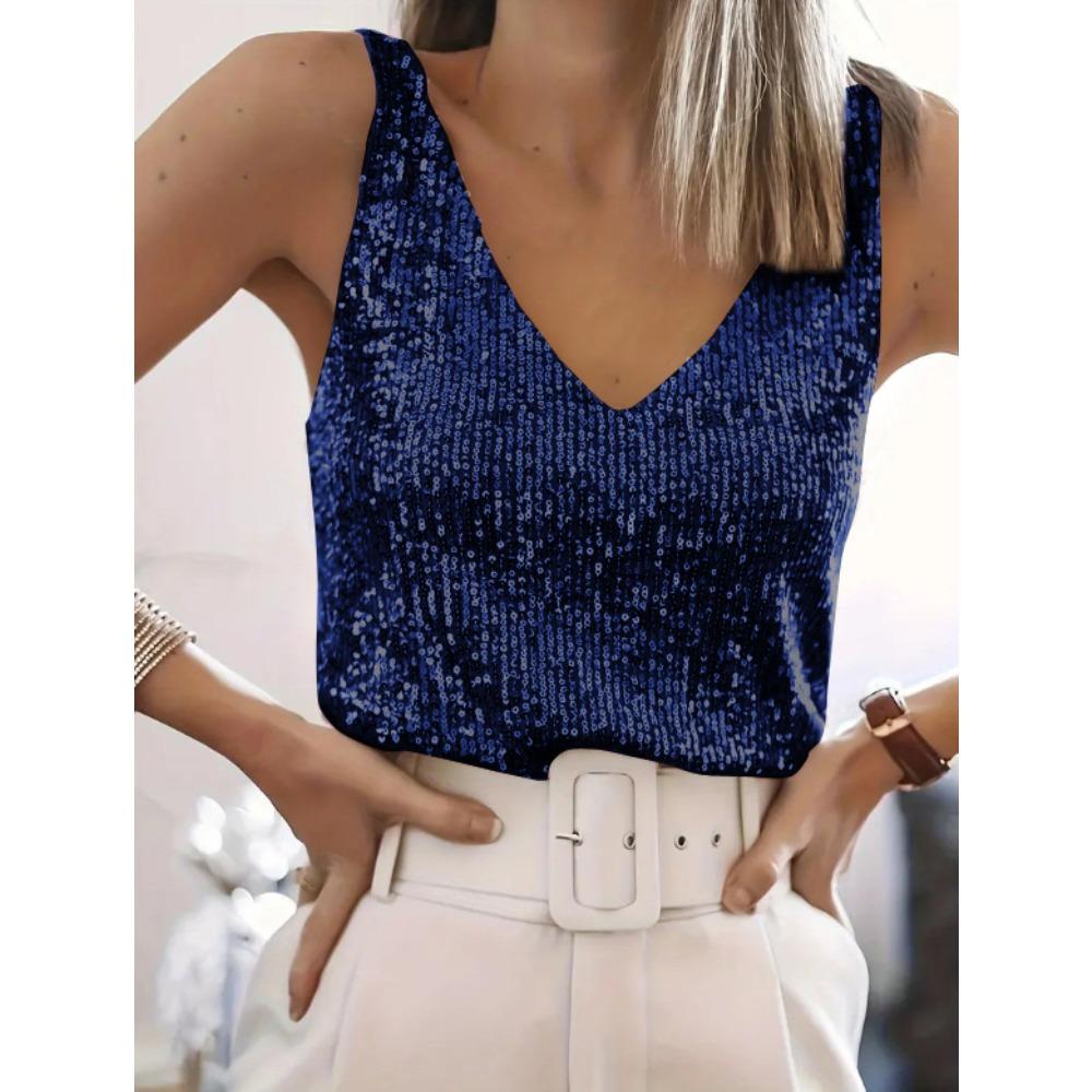 Women's V Neck Sleeveless Sequin Tank Top Straight Fit Elegant Party Cami Top