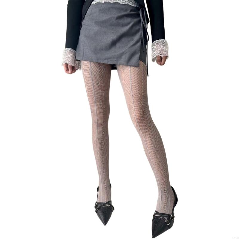 Womens Japanese Hollowed Out Tights Stockings Aesthetic Vertical Striped Patterned See Through Mesh Pantyhose