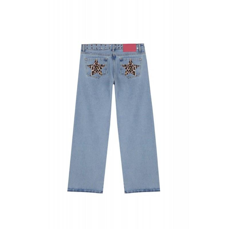 Vintage Star Print Denim Jeans Women Loose Straight Cut Streetwear Casual Pants