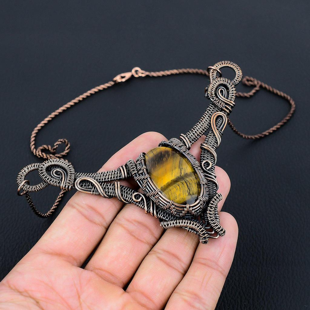 Elegant Tiger Eye Gemstone Pure Copper Wire Wrapped Handmade Necklace Jewelry