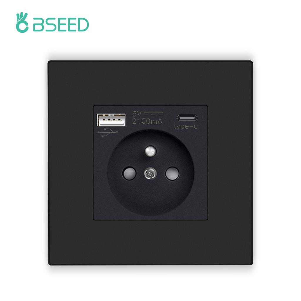 Bseed France Standard Socket With Usb Charging Port and Type c 2.1A 16A Gray PC Panel 86mm*86mm Plastic Flame Wall Socket