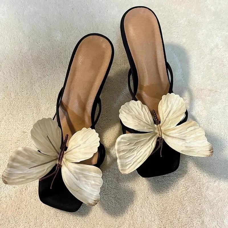 Elegant Woman Heeled Shoes New Open Toe Slippers Women Fashion Dress String Bead Butterfly High Heels Women's Square Toe Sandals