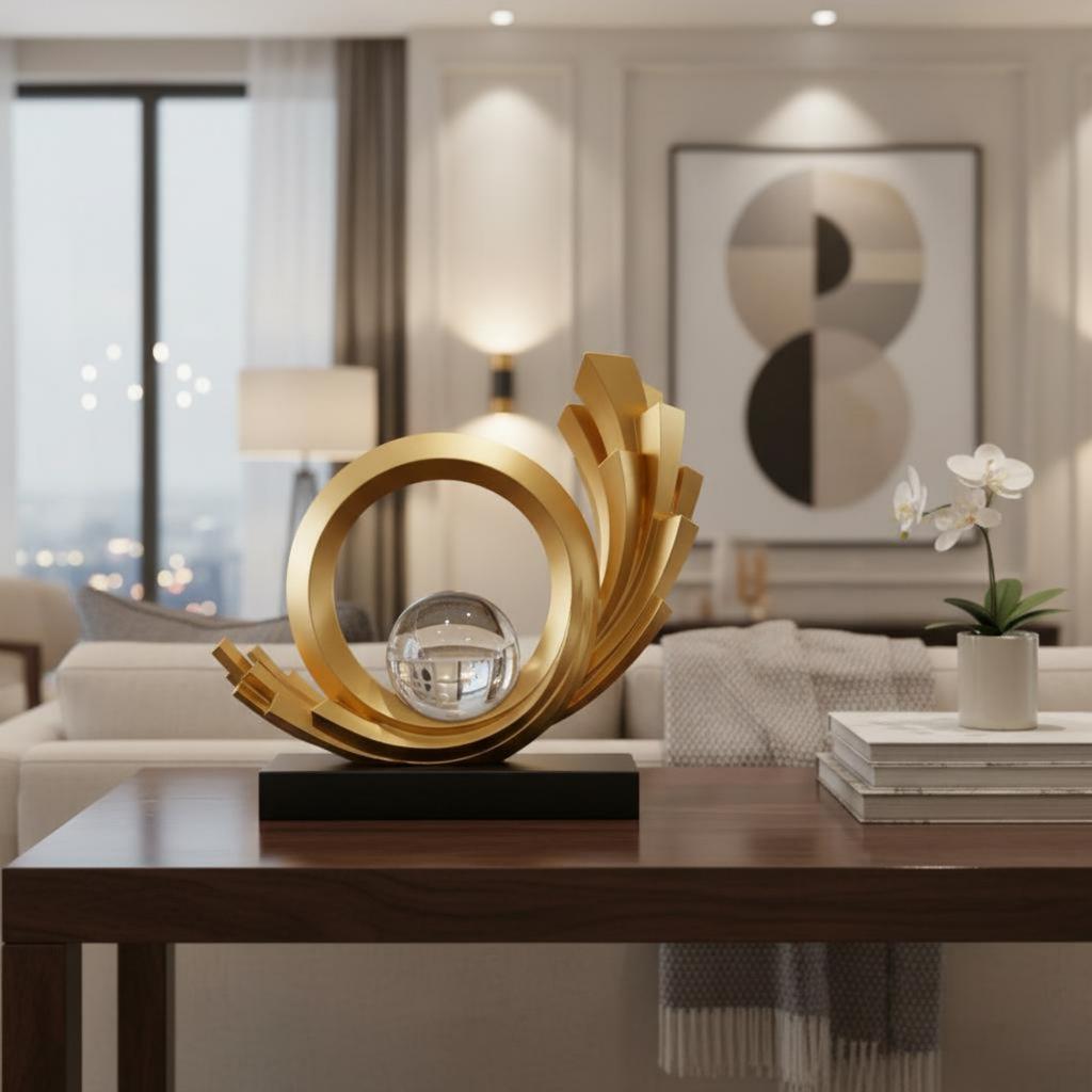 Abstract Metal Sculpture Elegant Gold Abstract Ornament Loop and Sphere Sculpture Gift Choice Home Decor Contemporary Art Design